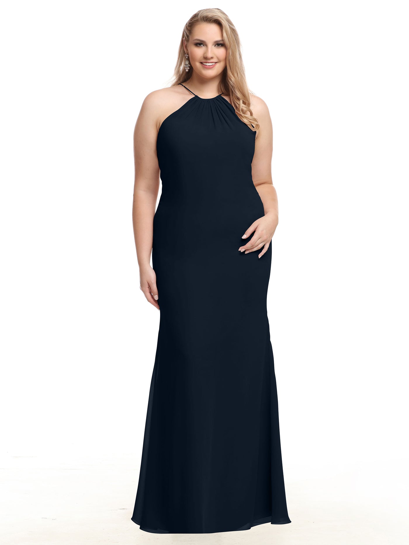 80083 - Fit and Flare Chiffon Bridesmaid Dress with Halter Neckline