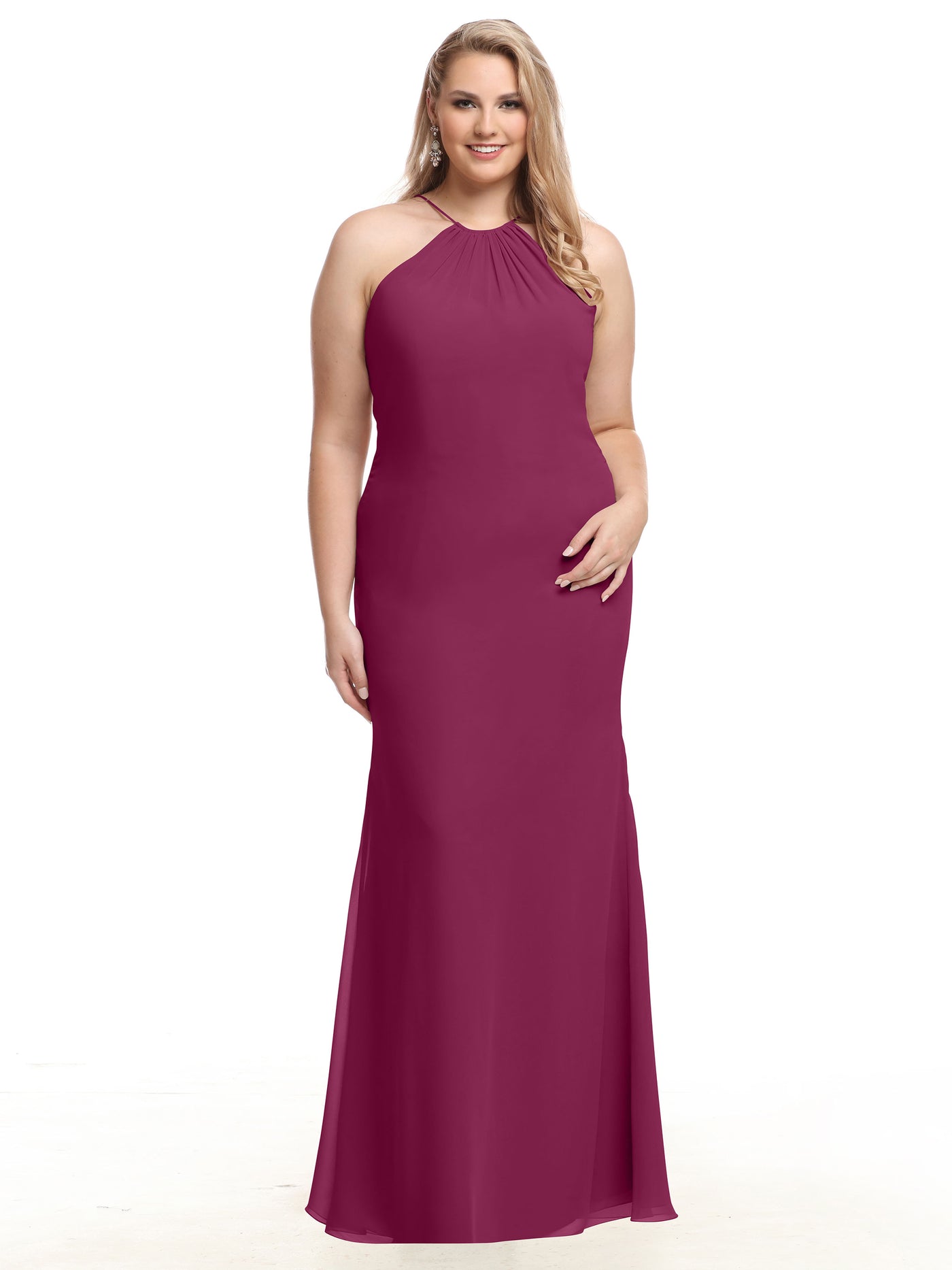 80083 - Fit and Flare Chiffon Bridesmaid Dress with Halter Neckline