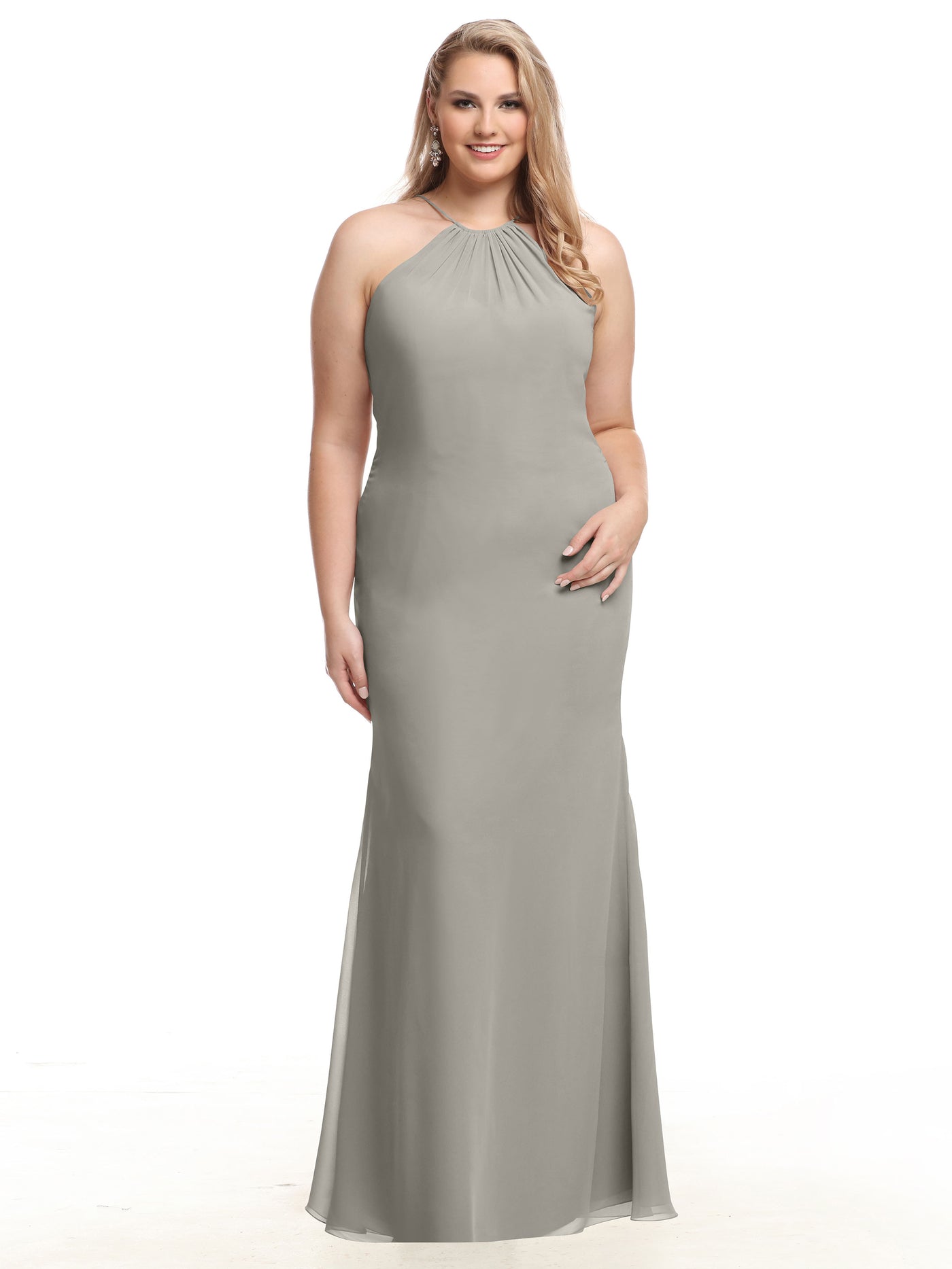 80083 - Fit and Flare Chiffon Bridesmaid Dress with Halter Neckline