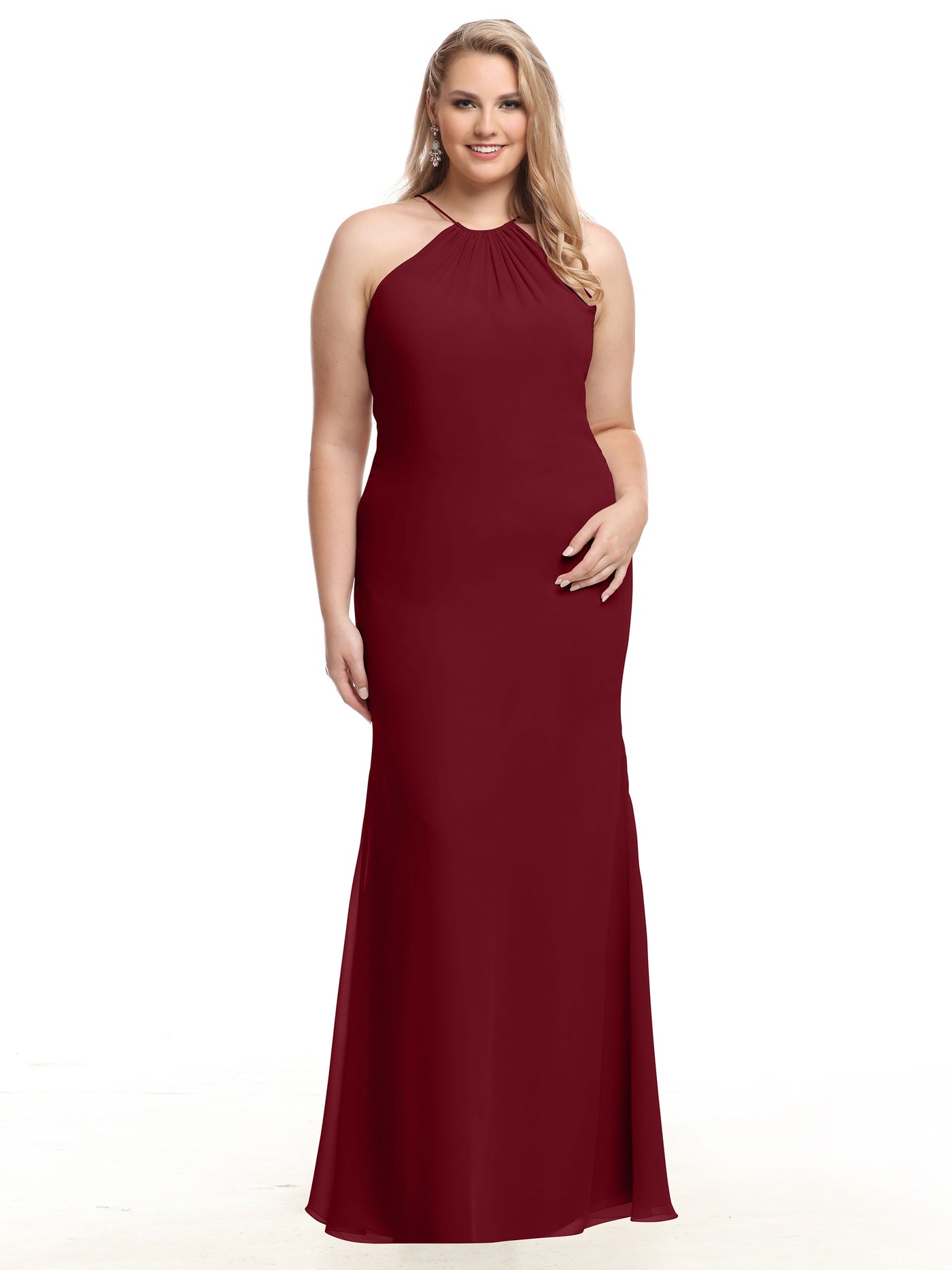 80083 - Fit and Flare Chiffon Bridesmaid Dress with Halter Neckline