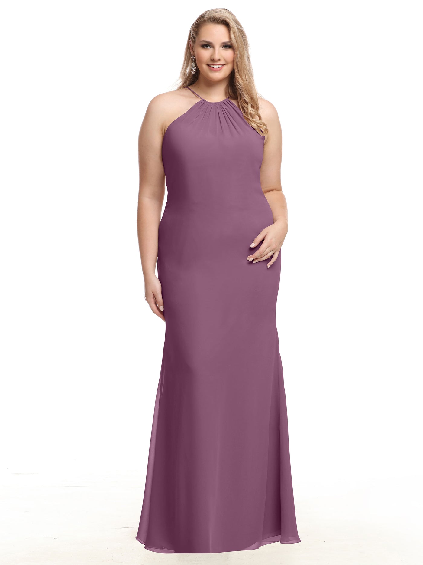 80083 - Fit and Flare Chiffon Bridesmaid Dress with Halter Neckline