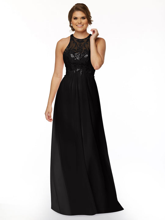 A woman wearing Avery Austin 80084, a sleeveless black gown with a beaded high neckline and flowing chiffon skirt, stands smiling against a plain white background.