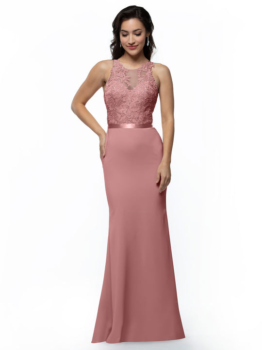 A woman smiles gently with one hand on her hip, modeling the Avery Austin TH-80095 sleeveless floor-length chiffon bridesmaid dress in Dusty Rose, featuring lace embellishments and a satin waistband, against a plain white background.