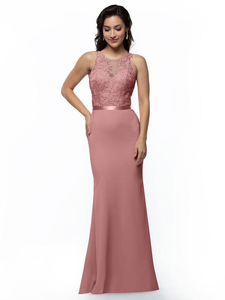 A woman smiles gently with one hand on her hip, modeling the Avery Austin TH-80095 sleeveless floor-length chiffon bridesmaid dress in Dusty Rose, featuring lace embellishments and a satin waistband, against a plain white background.
