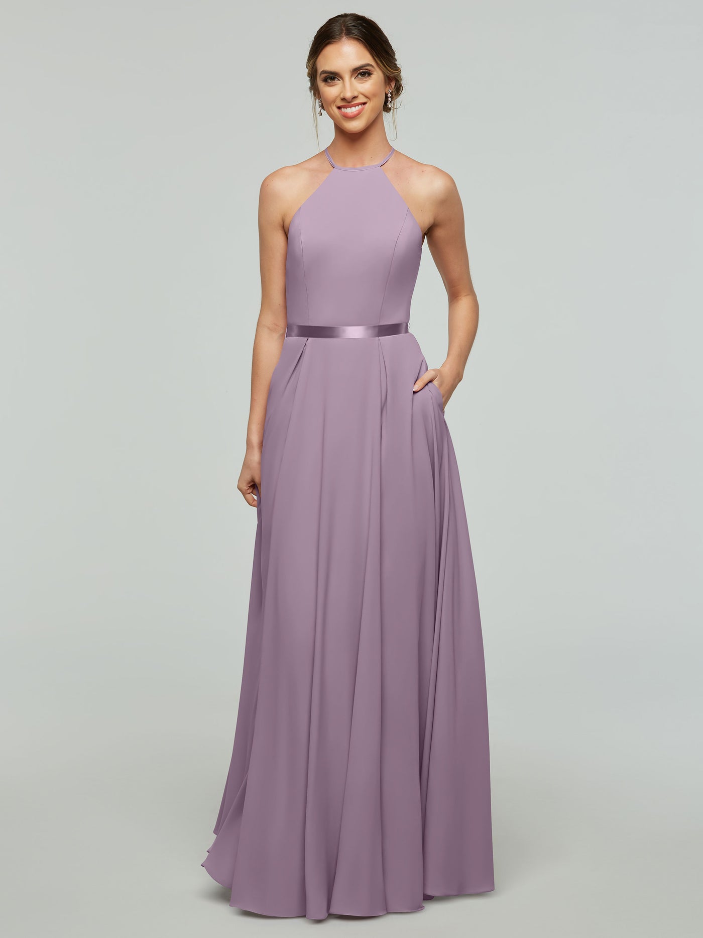 80099 - A-Line Stretch Chiffon Bridesmaid Dress with Halter Neckline and Belt