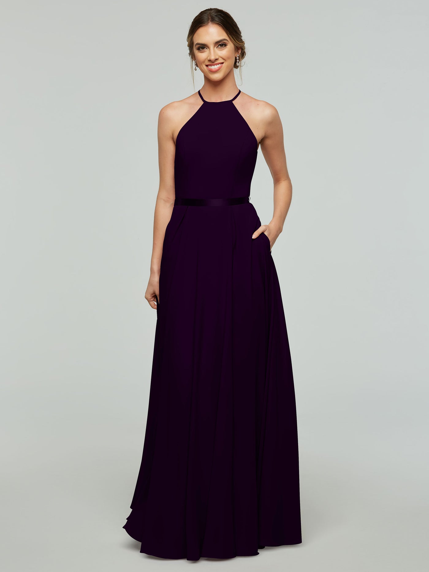 80099 - A-Line Stretch Chiffon Bridesmaid Dress with Halter Neckline and Belt