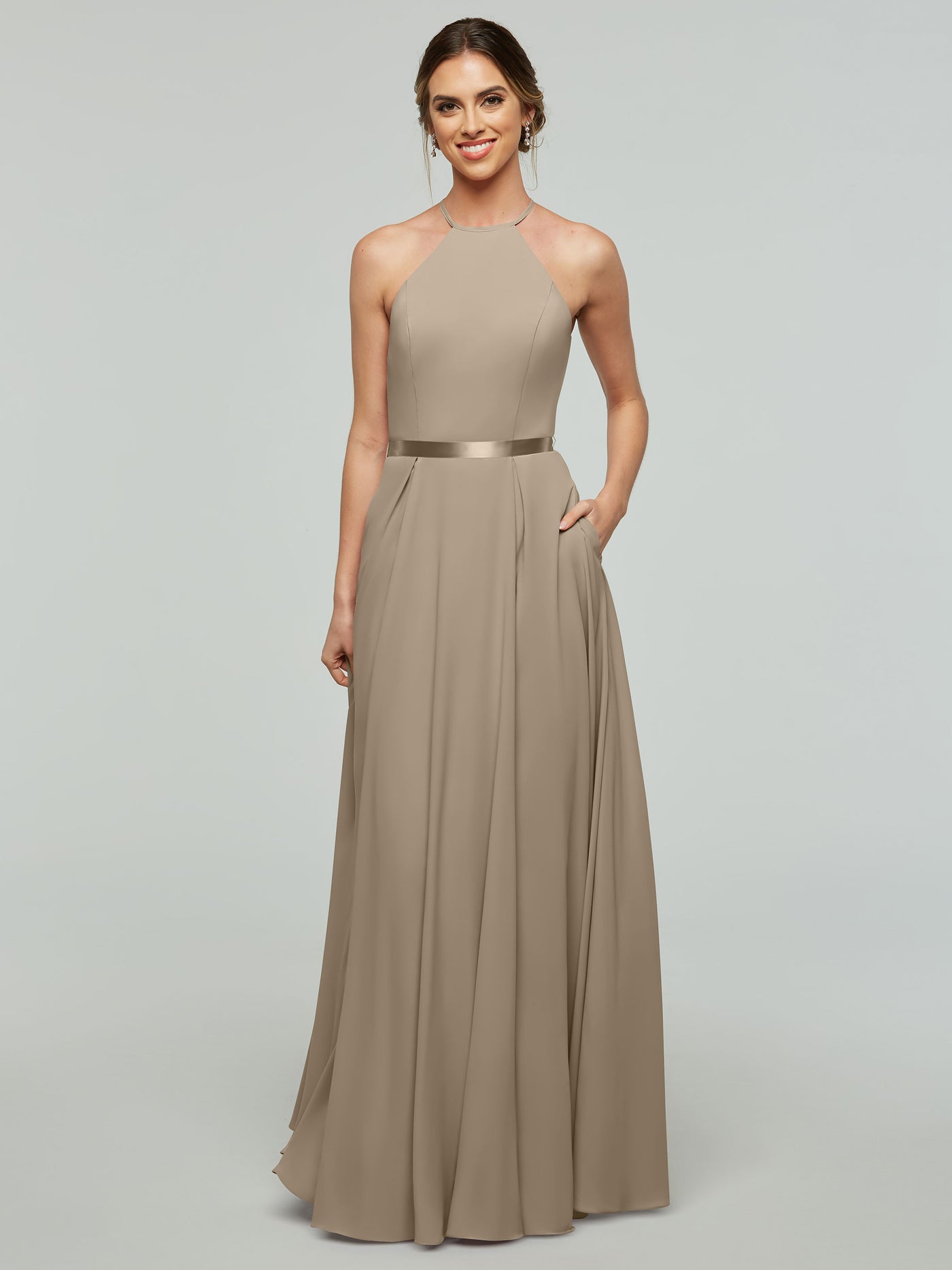 80099 - A-Line Stretch Chiffon Bridesmaid Dress with Halter Neckline and Belt