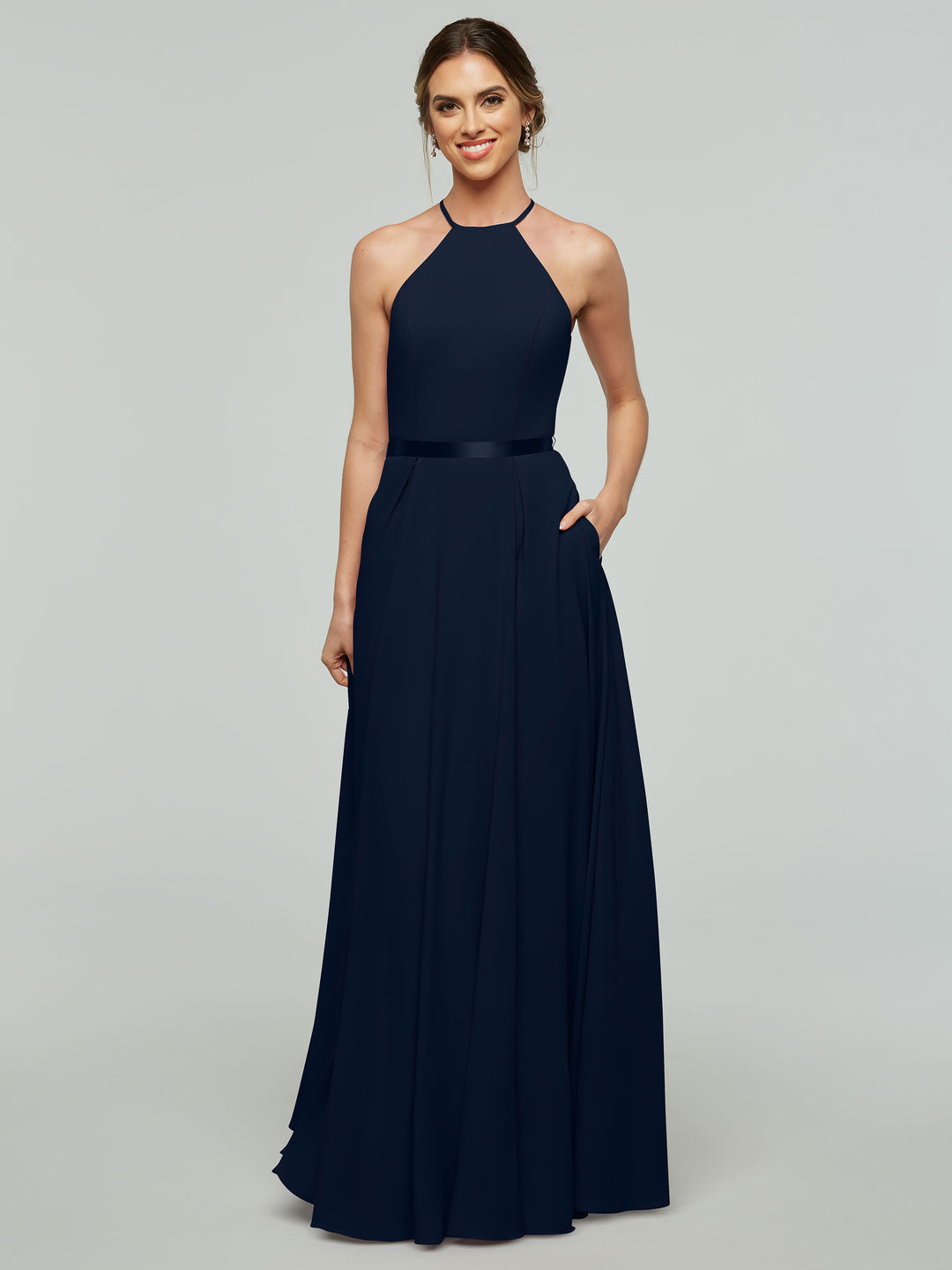 tea length navy bridesmaid dresses Dark Navy Bridesmaids Dresses Tea-Length Short Sleeves Ruffles A-Line  Stretch Satin Bridesmaid Dresses main image 1