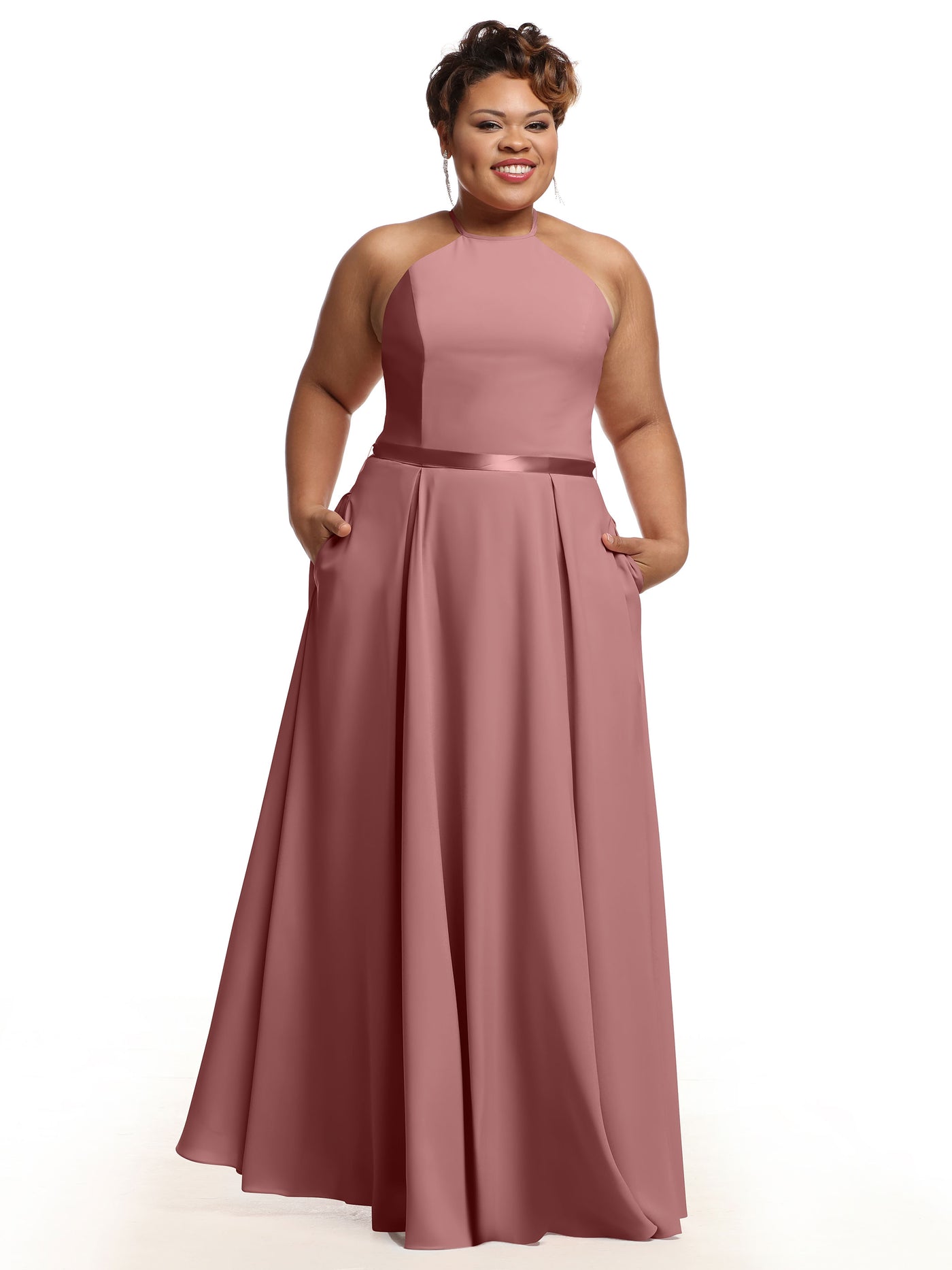 80099 - A-Line Stretch Chiffon Bridesmaid Dress with Halter Neckline and Belt