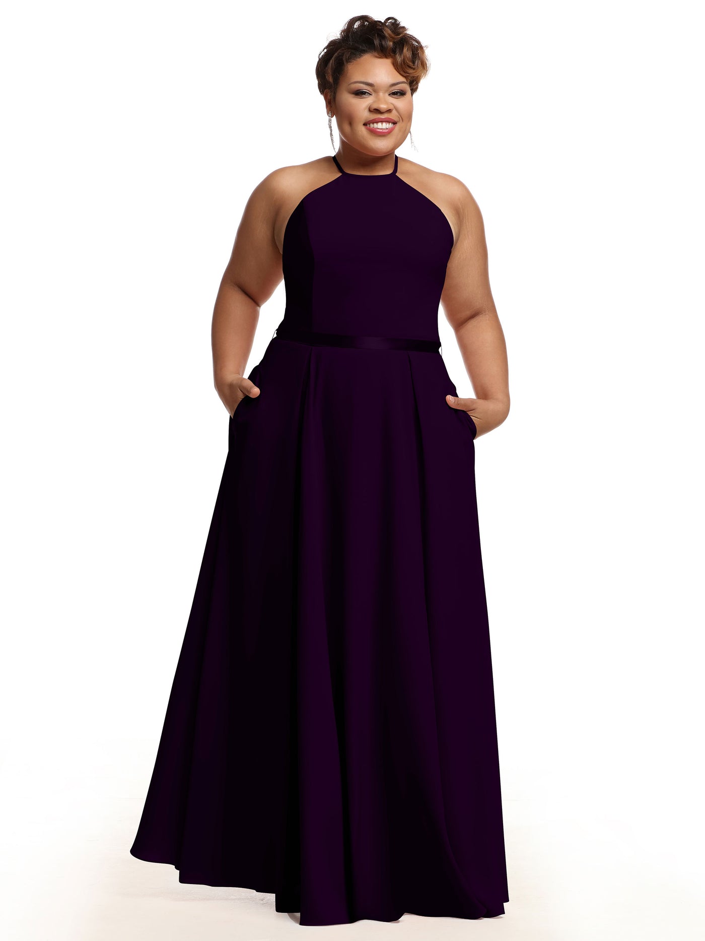 80099 - A-Line Stretch Chiffon Bridesmaid Dress with Halter Neckline and Belt