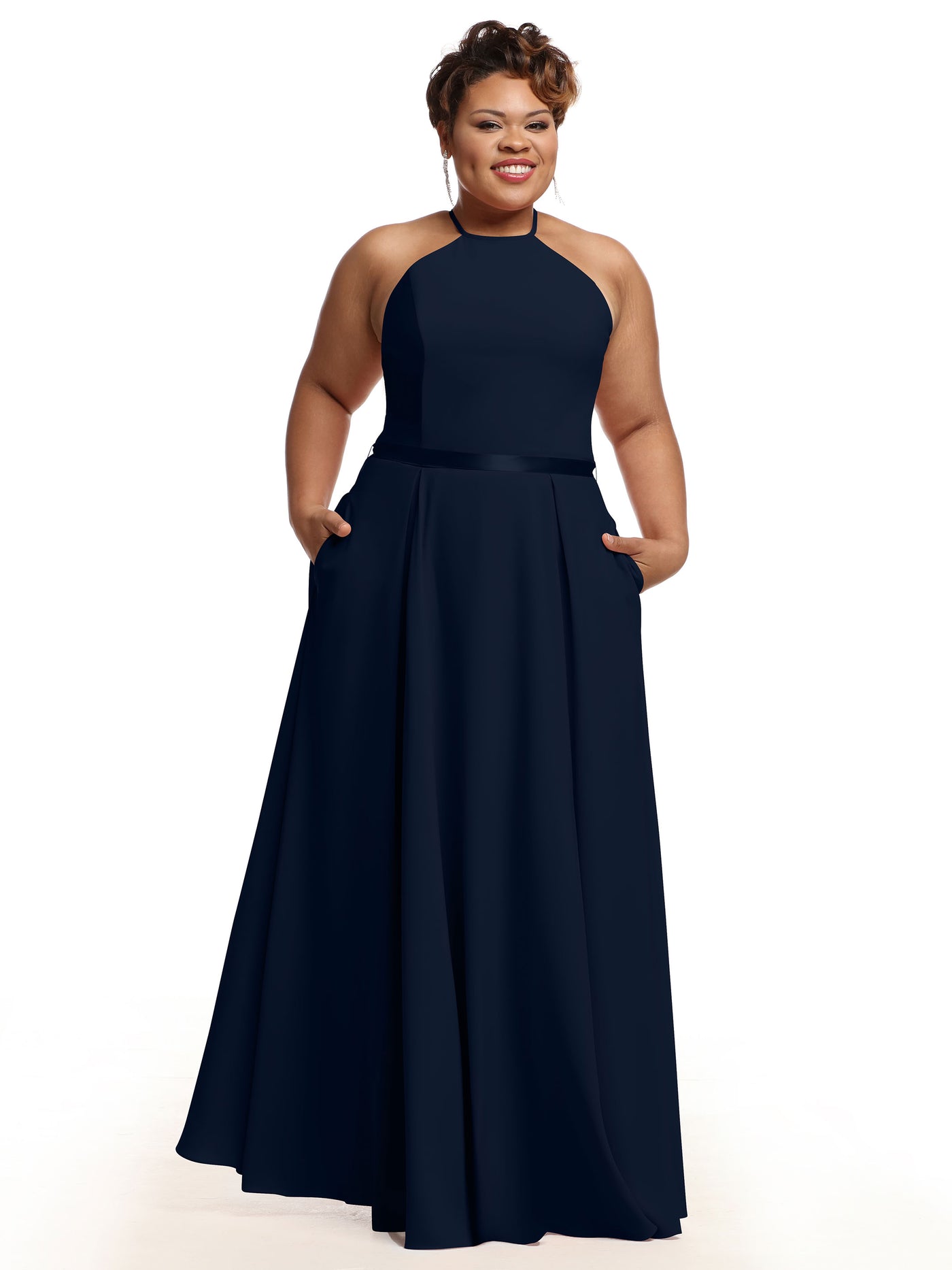 80099 - A-Line Stretch Chiffon Bridesmaid Dress with Halter Neckline and Belt