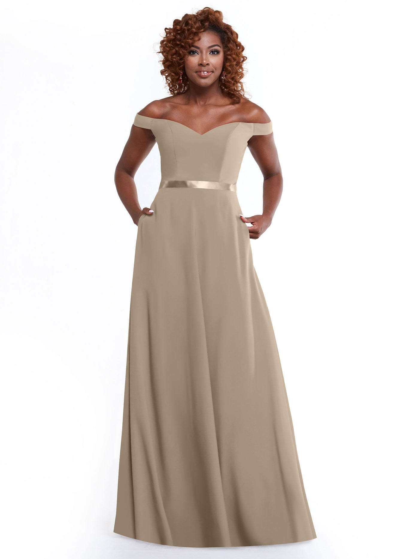 80100 - Off-the-Shoulder A-Line Stretch Chiffon Bridesmaid Dress with Sash