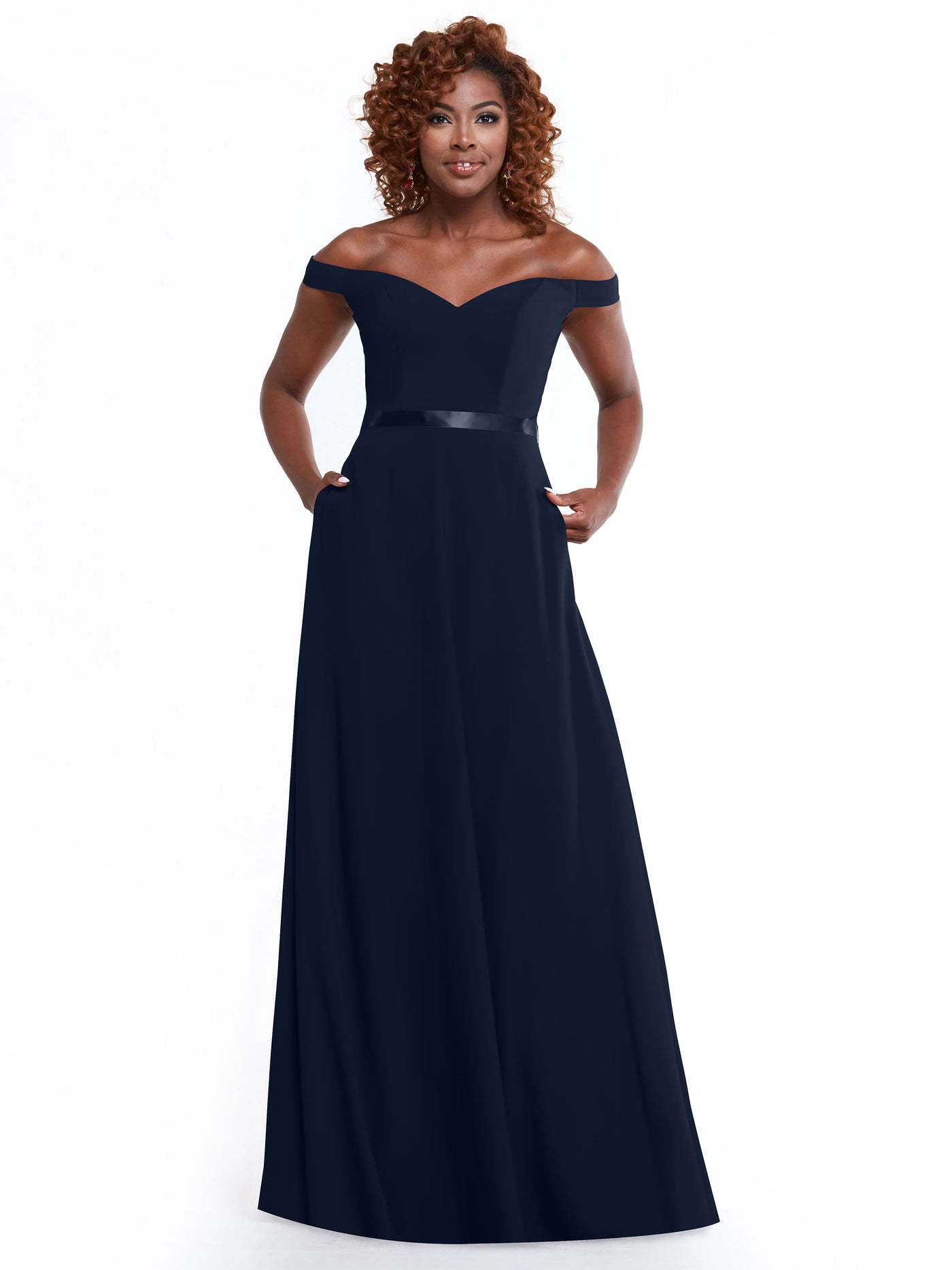 80100 - Off-the-Shoulder A-Line Stretch Chiffon Bridesmaid Dress with Sash