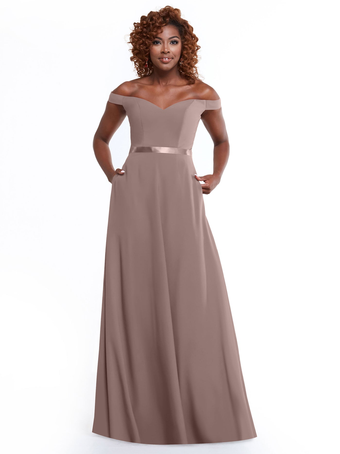 80100 - Off-the-Shoulder A-Line Stretch Chiffon Bridesmaid Dress with Sash