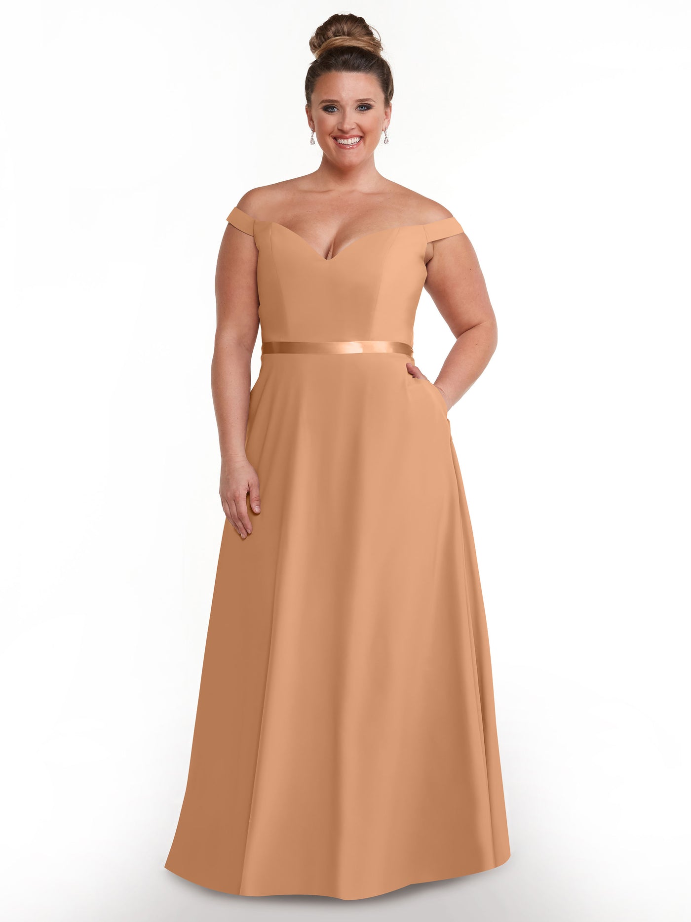 80100 - Off-the-Shoulder A-Line Stretch Chiffon Bridesmaid Dress with Sash