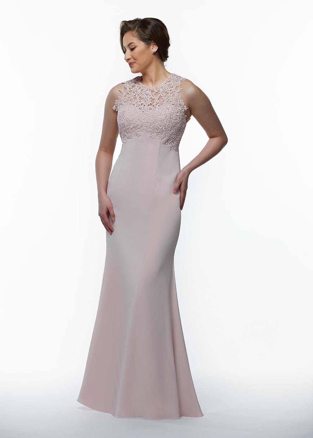 80105 - Fit and Flare Stretch Chiffon Bridesmaid Dress with Illusion Lace Neck