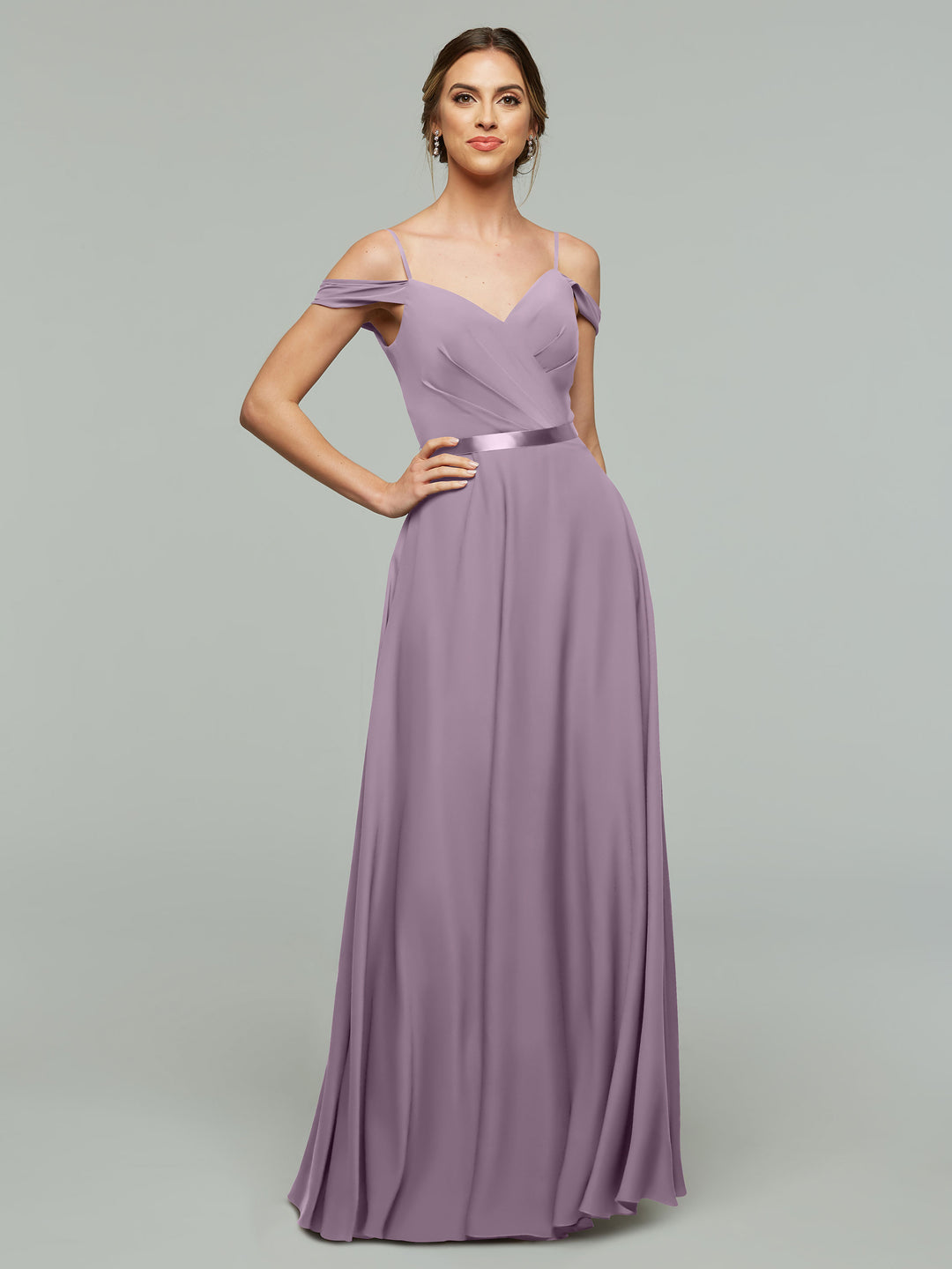 long ruffle bridesmaid dress V-neck Ruffles Sleeves Chiffon Bridesmaid Dresses with Slit main image 0