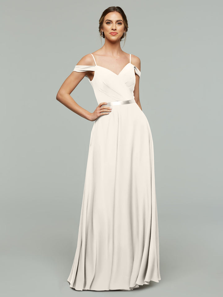 An ivory off-the-shoulder chiffon bridesmaid dress (style 80106) by Avery Austin.