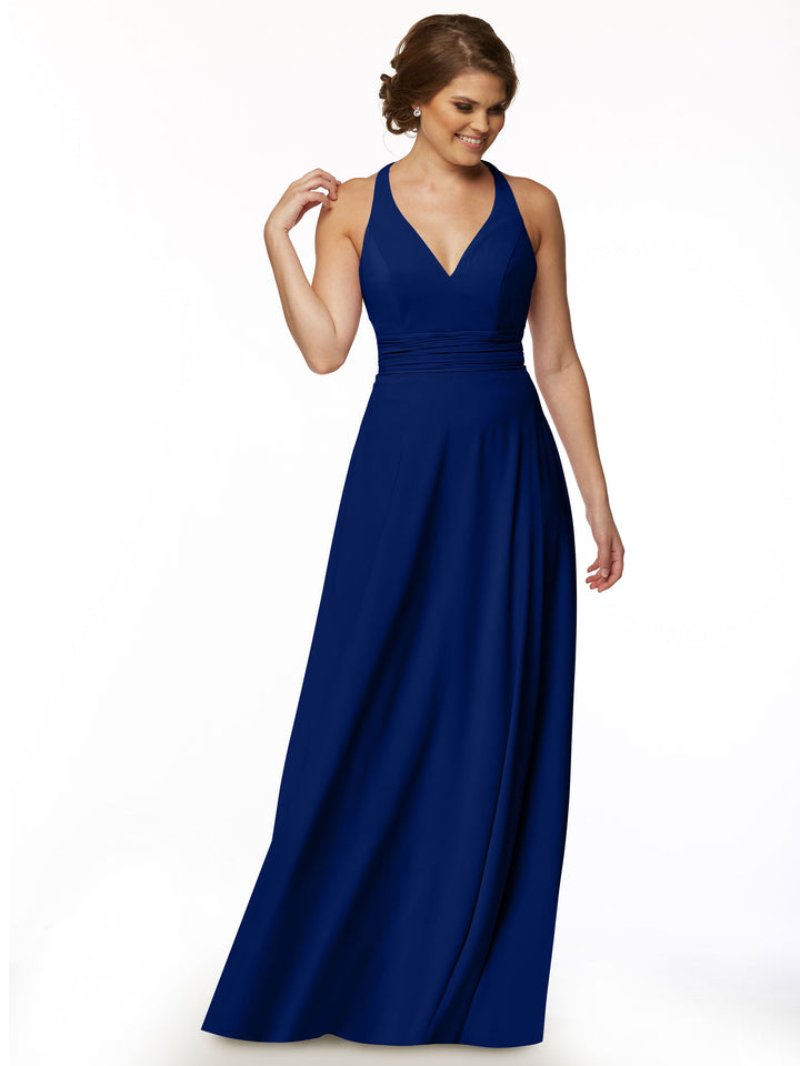 A woman wearing Avery Austin 80107, a sleeveless, floor-length deep blue A-line dress with a V-neckline and fitted waist, stands smiling against a plain white background.