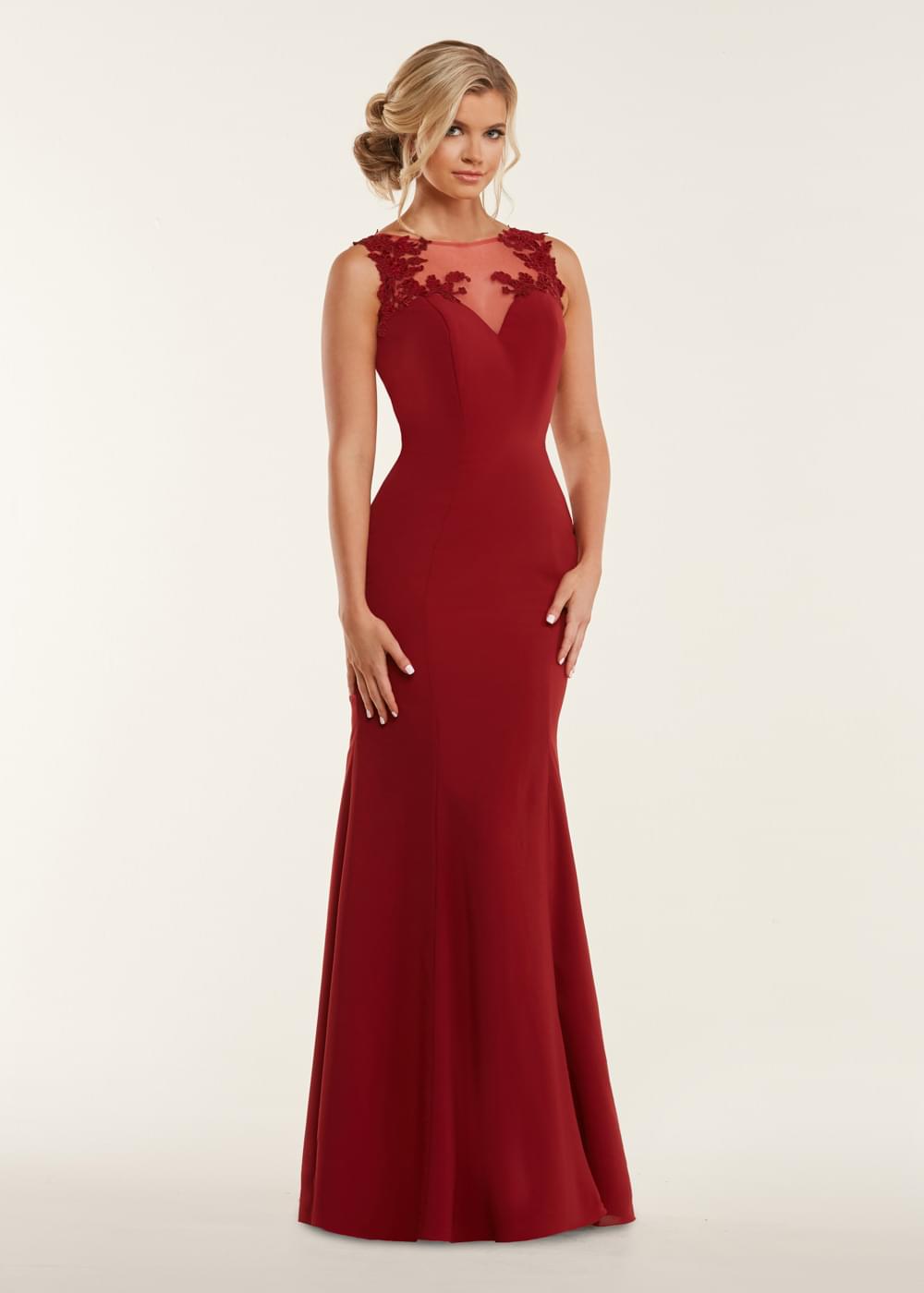 80109 - Fitted Stretch Chiffon Bridesmaid Dress with Illusion Lace Neckline