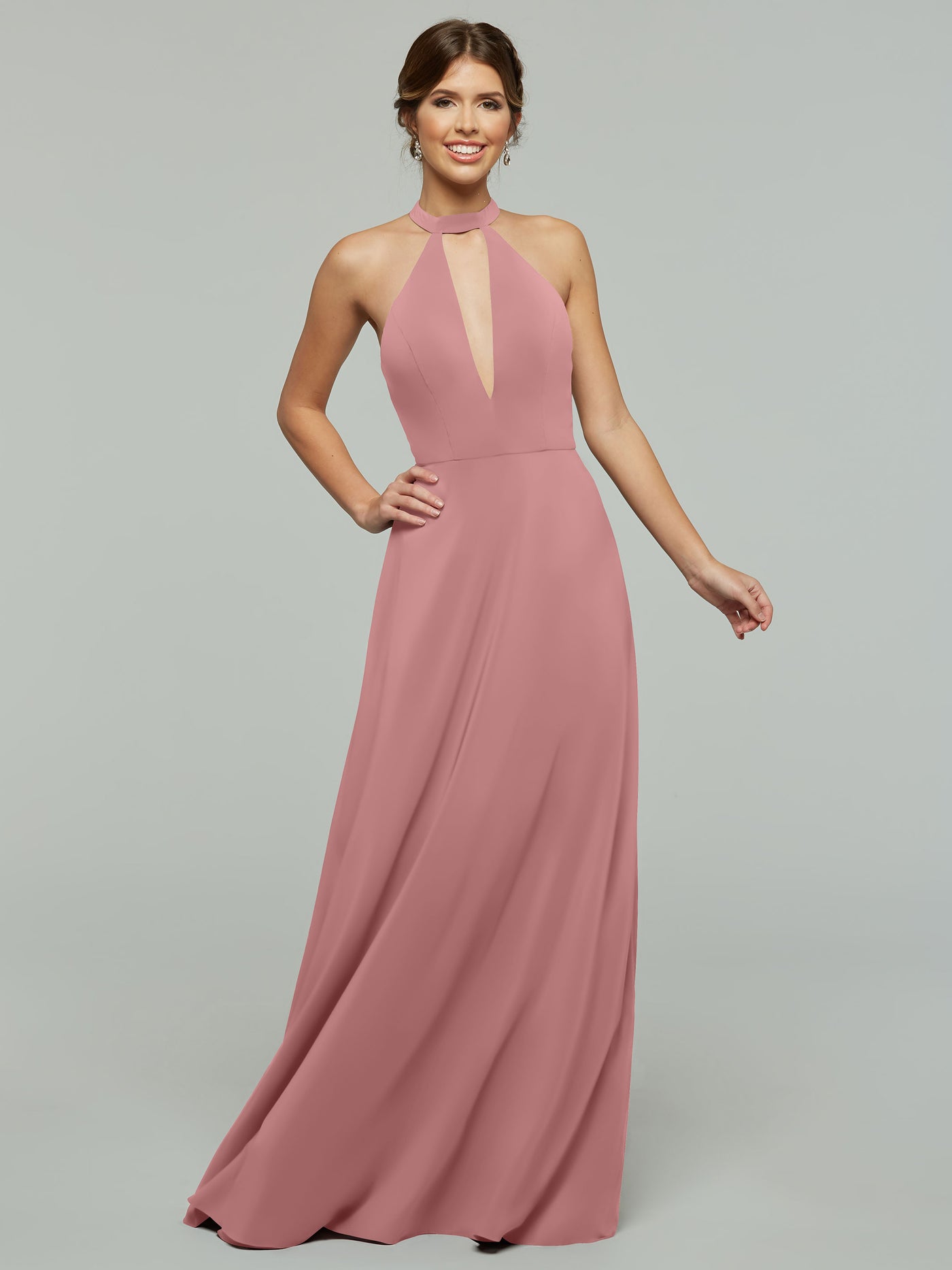 80115 - Stretch Chiffon A-Line Bridesmaid Dress with Plunging Halter Neckline
