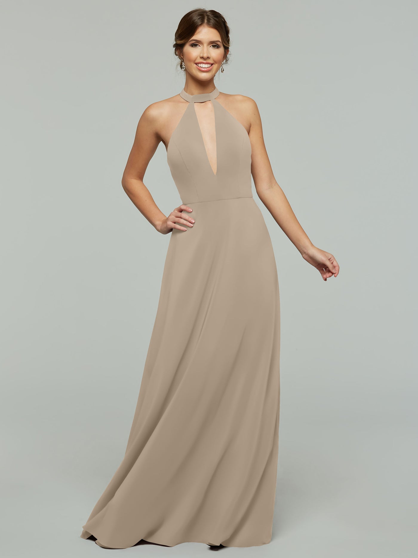 80115 - Stretch Chiffon A-Line Bridesmaid Dress with Plunging Halter Neckline