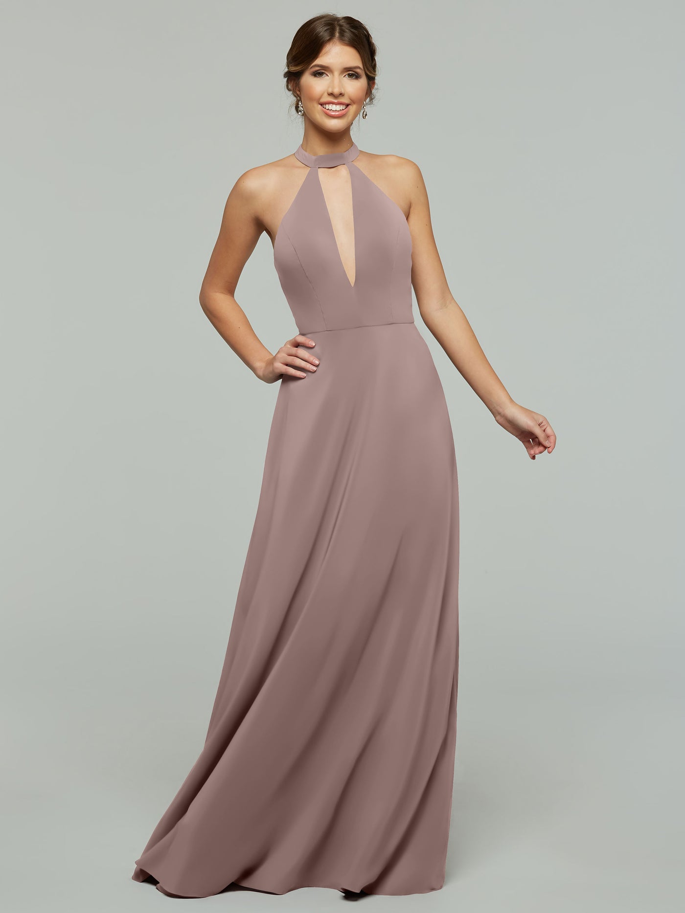 80115 - Stretch Chiffon A-Line Bridesmaid Dress with Plunging Halter Neckline