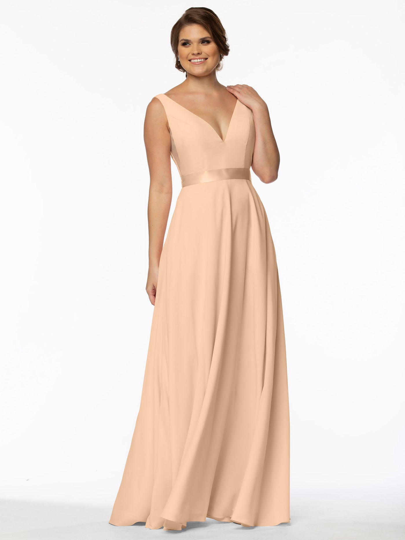 80117 - Stretch Chiffon A-Line Bridesmaid Dress with V-Neck and Sash