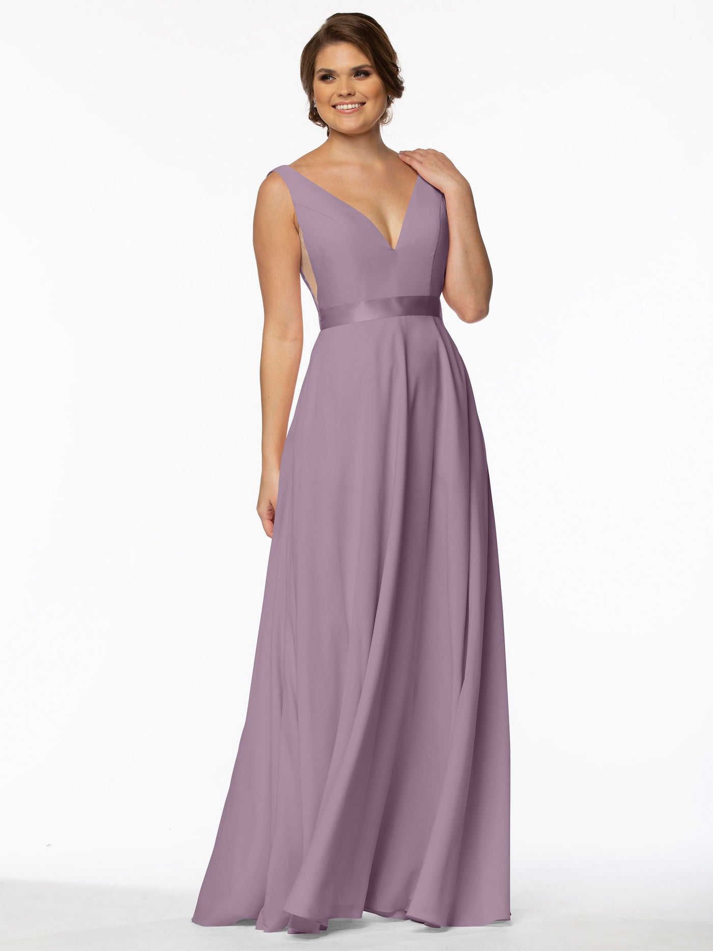 80117 - Stretch Chiffon A-Line Bridesmaid Dress with V-Neck and Sash