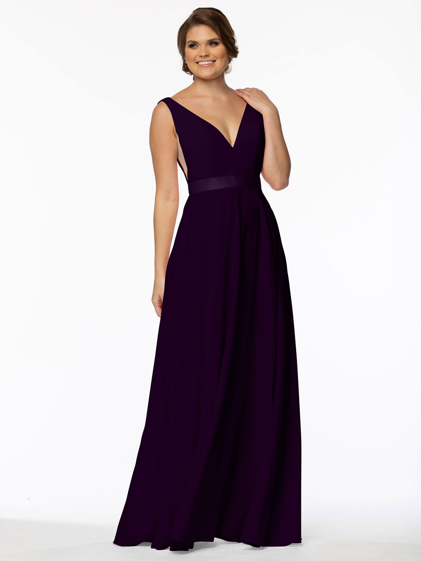 80117 - Stretch Chiffon A-Line Bridesmaid Dress with V-Neck and Sash