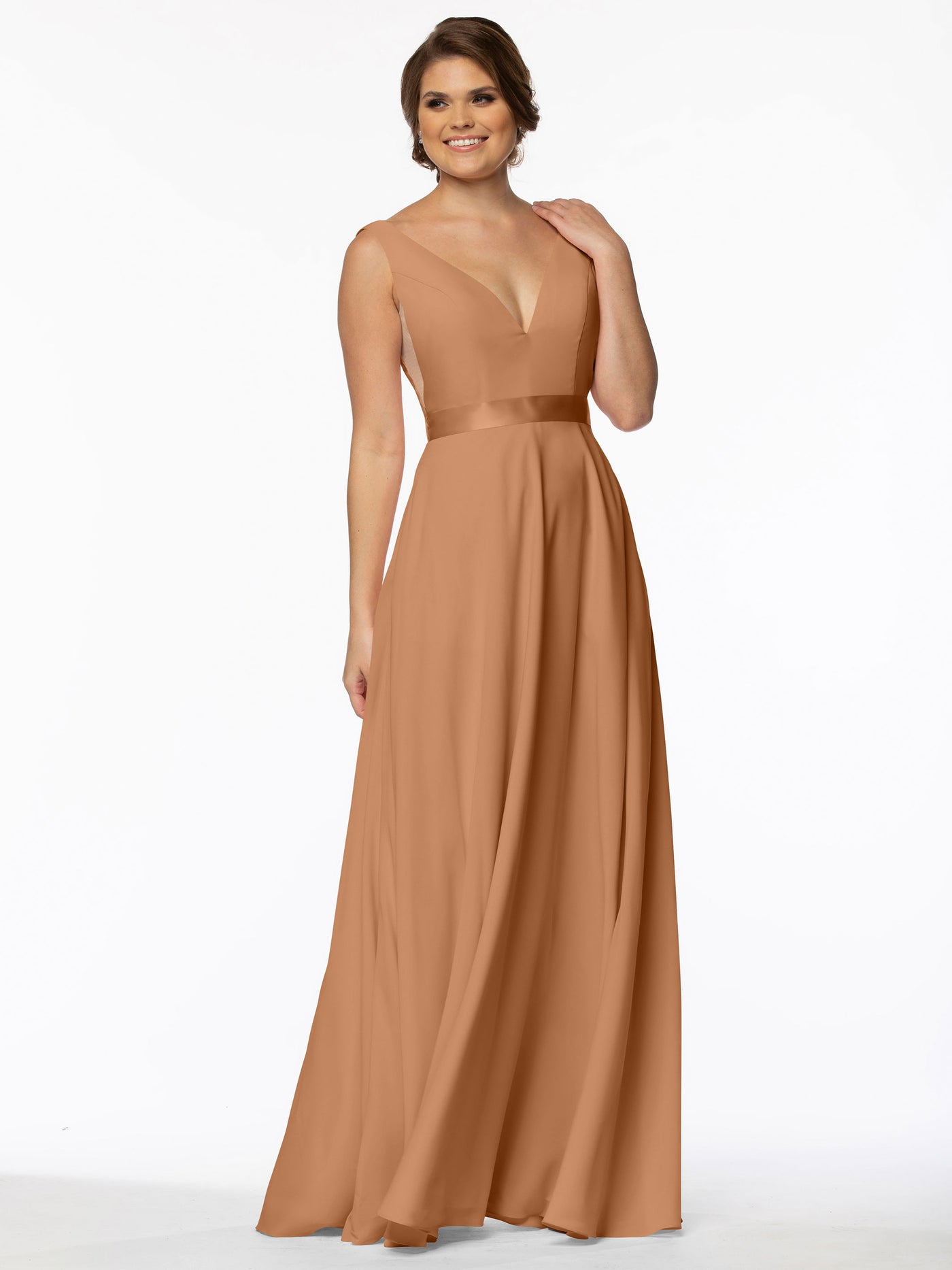 80117 - Stretch Chiffon A-Line Bridesmaid Dress with V-Neck and Sash