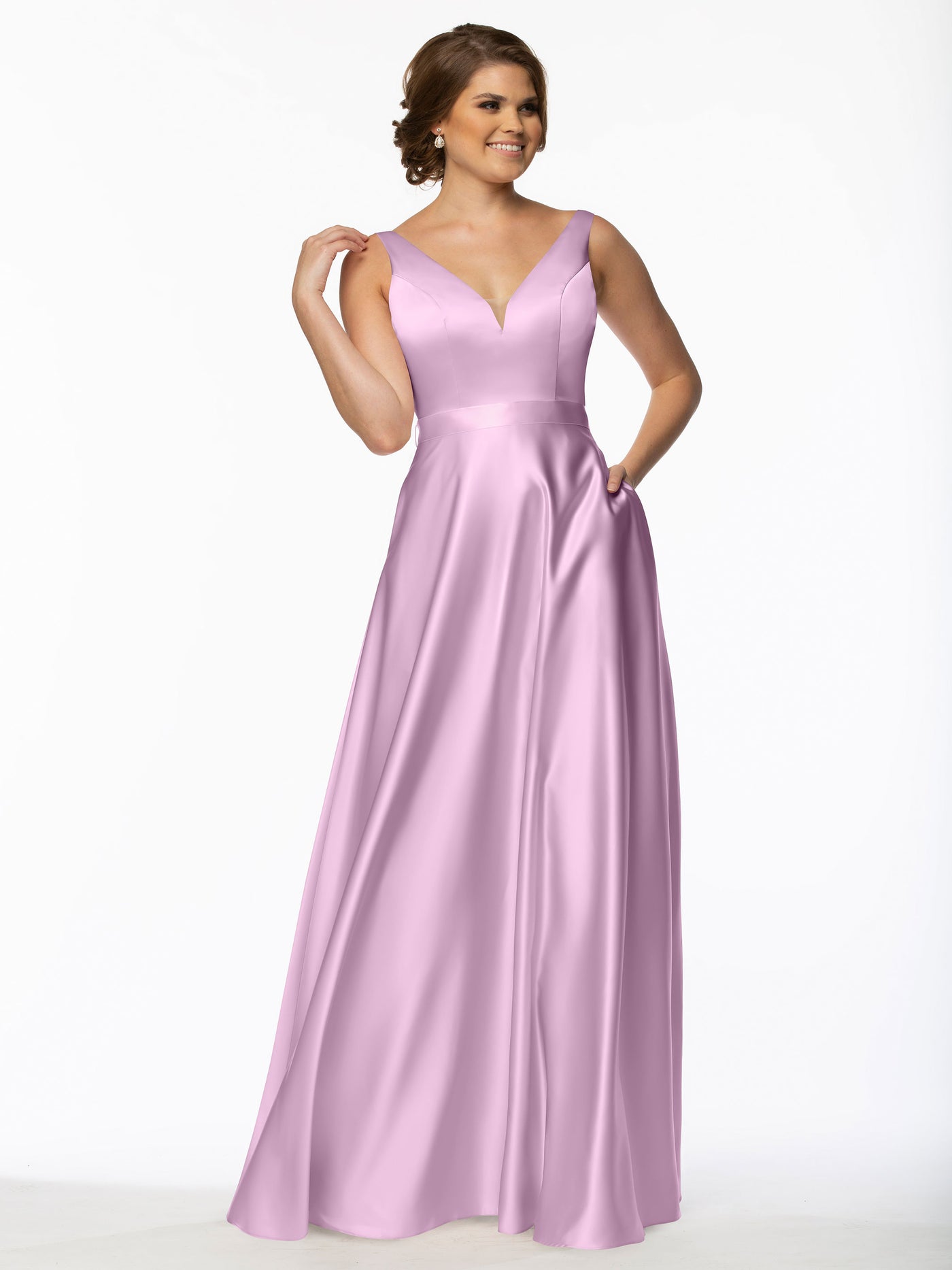 80118 - A-Line Satin Long Bridesmaid Dress with Pockets