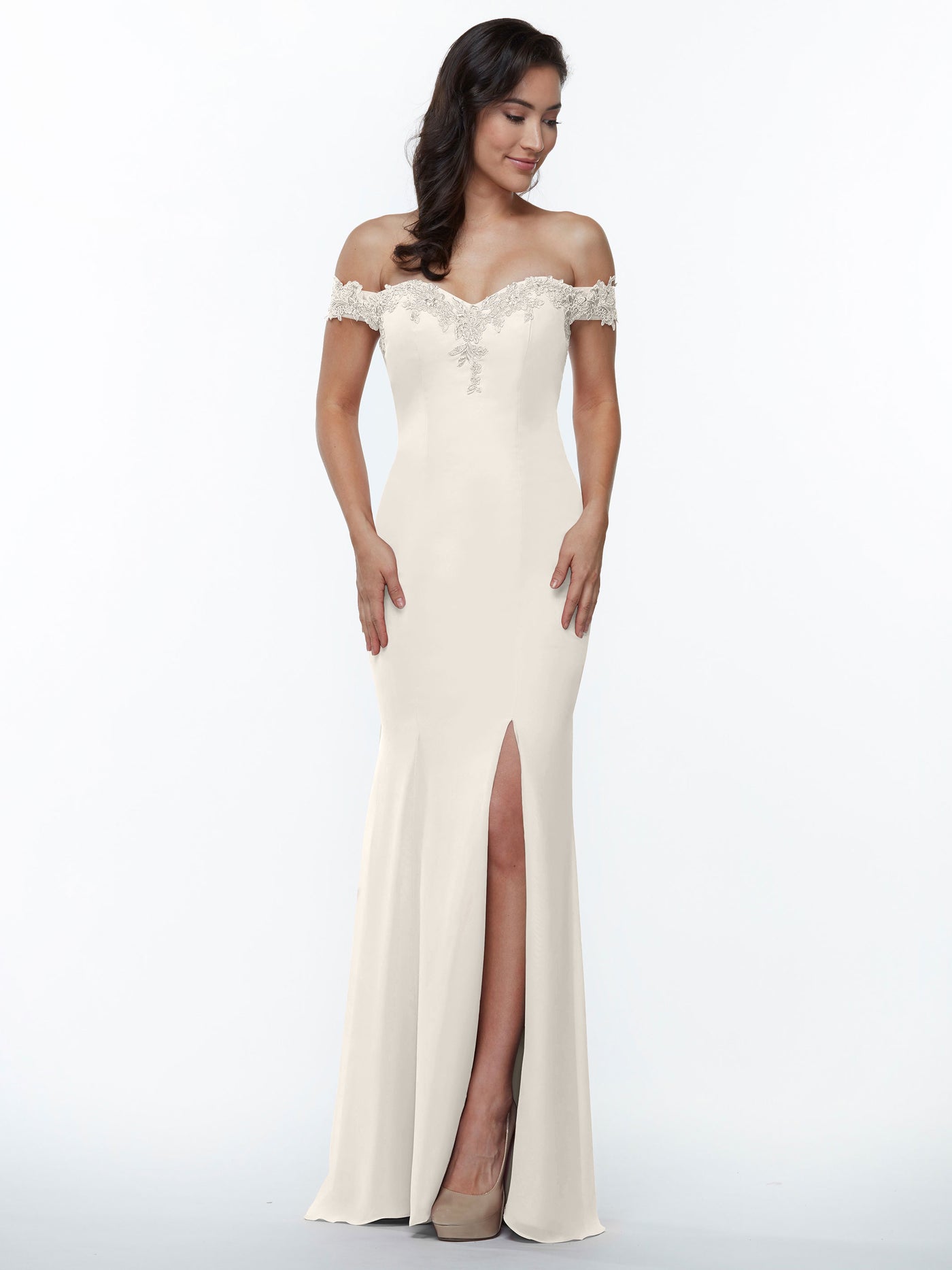 80121 - Off-the-Shoulder Chiffon Bridesmaid Dress with Lace
