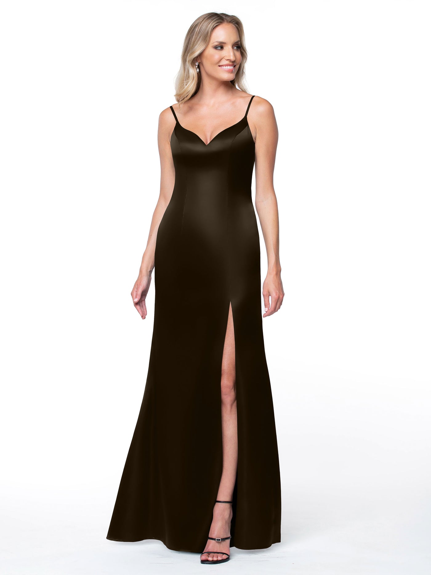 80132 - Fit and Flare Satin Bridesmaid Dress with Slit