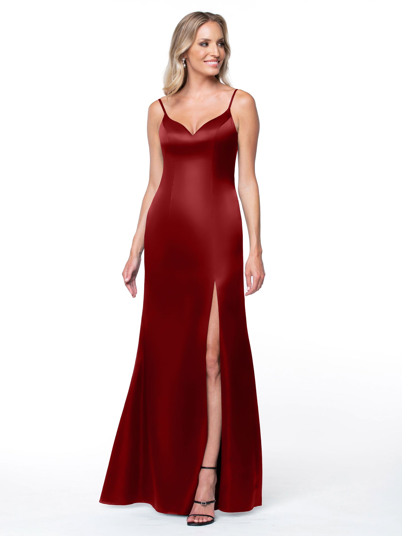80132 - Fit and Flare Satin Bridesmaid Dress with Slit