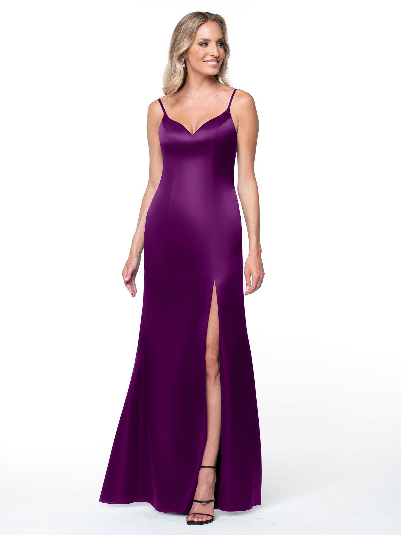 80132 - Fit and Flare Satin Bridesmaid Dress with Slit