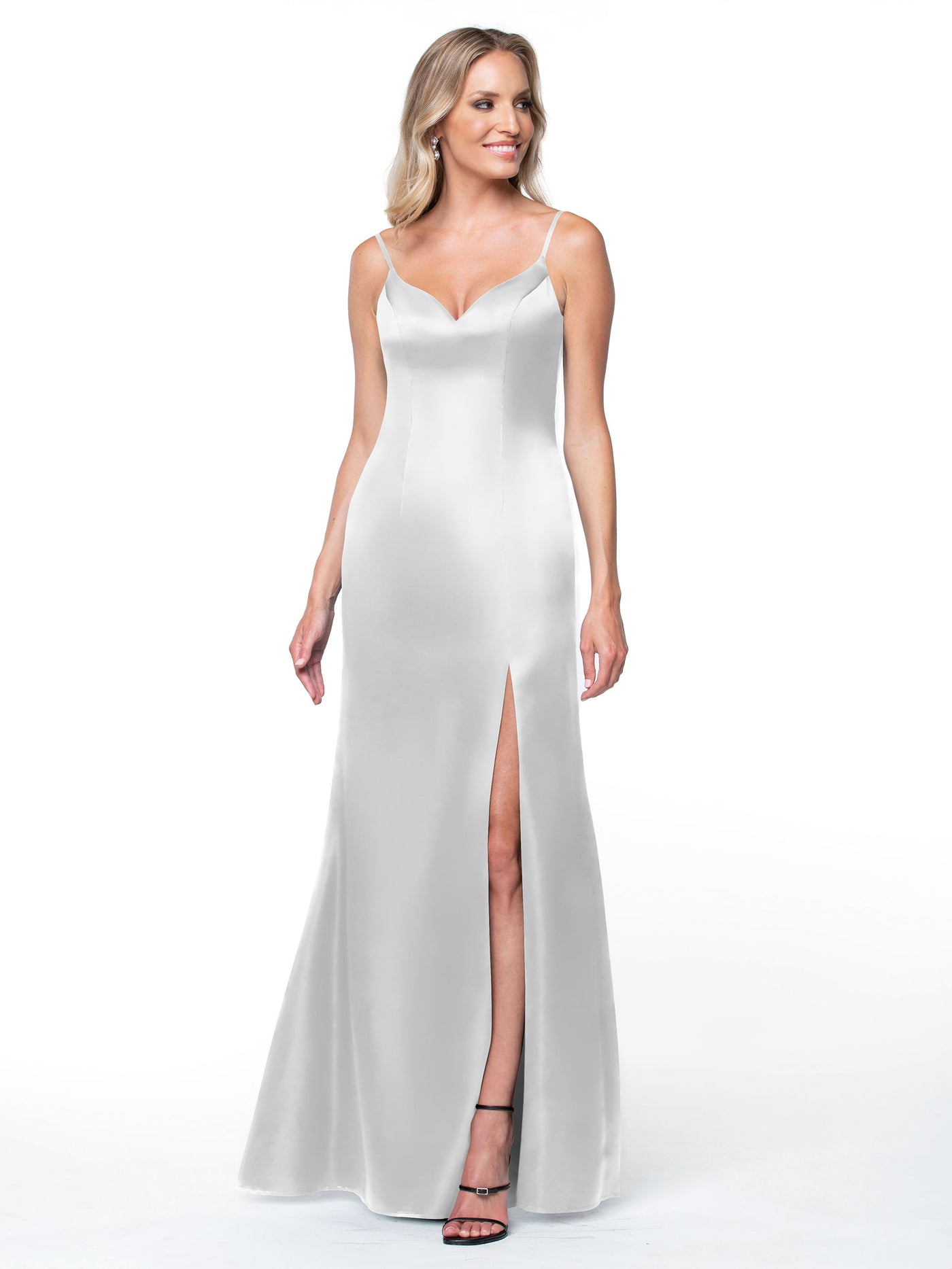 80132 - Fit and Flare Satin Bridesmaid Dress with Slit