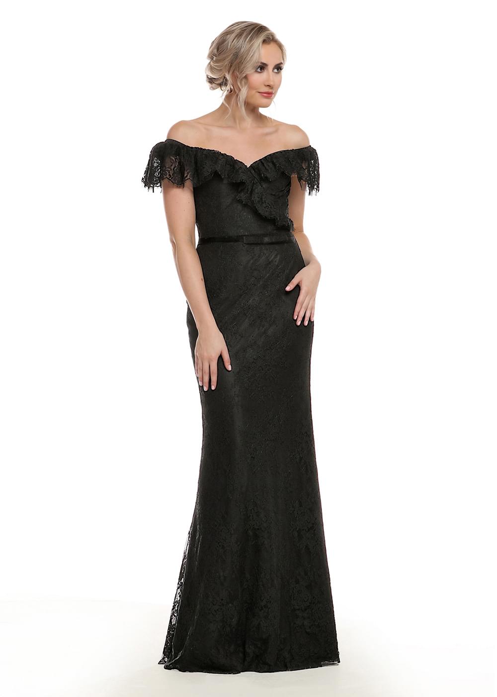 80134 - Fitted Lace Off-the-Shoulder Bridesmaid Dress with Lace Belt