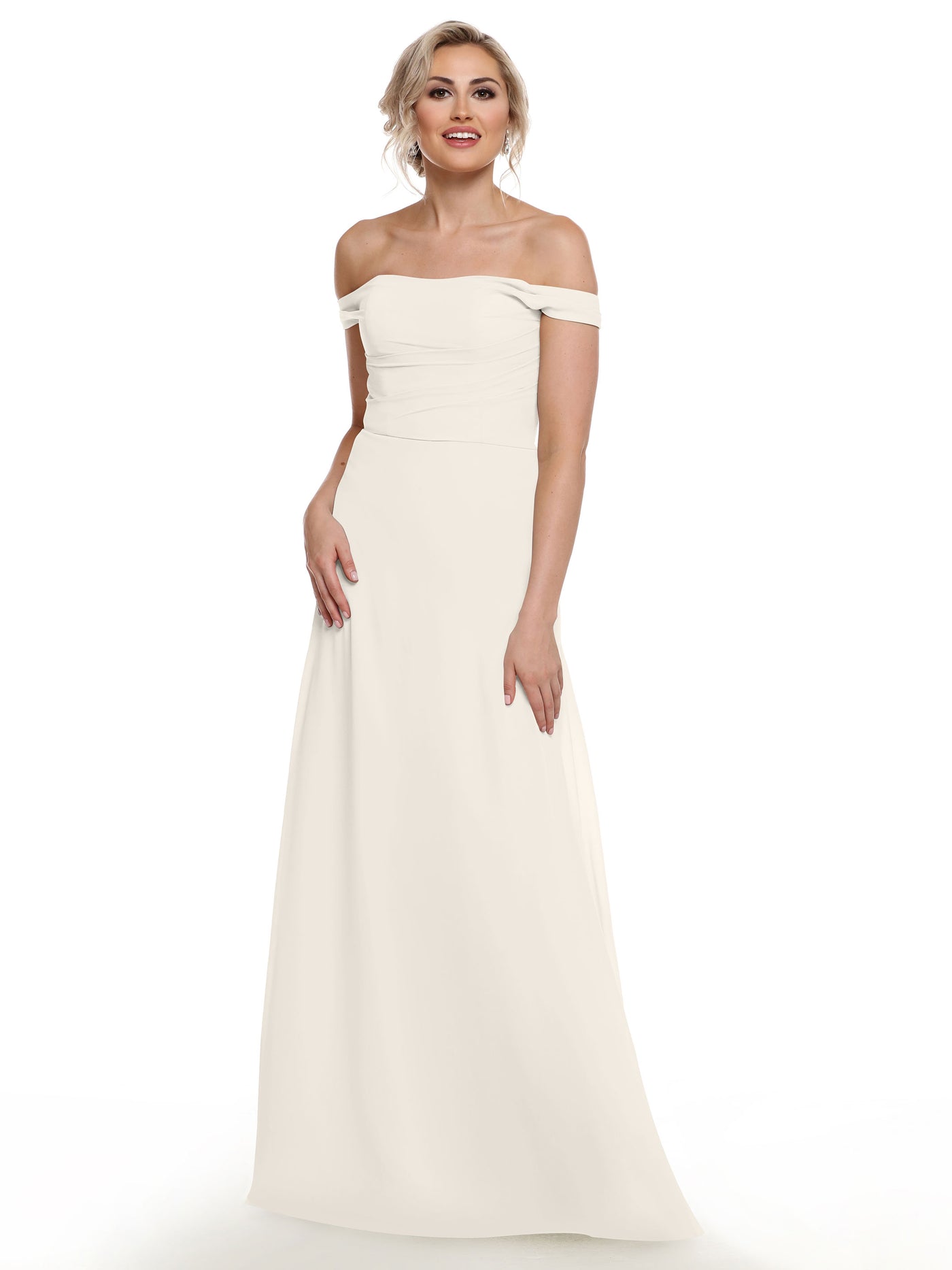 80136 - Off-the-Shoulder Chiffon Bridesmaid Dress with Straight across Neckline