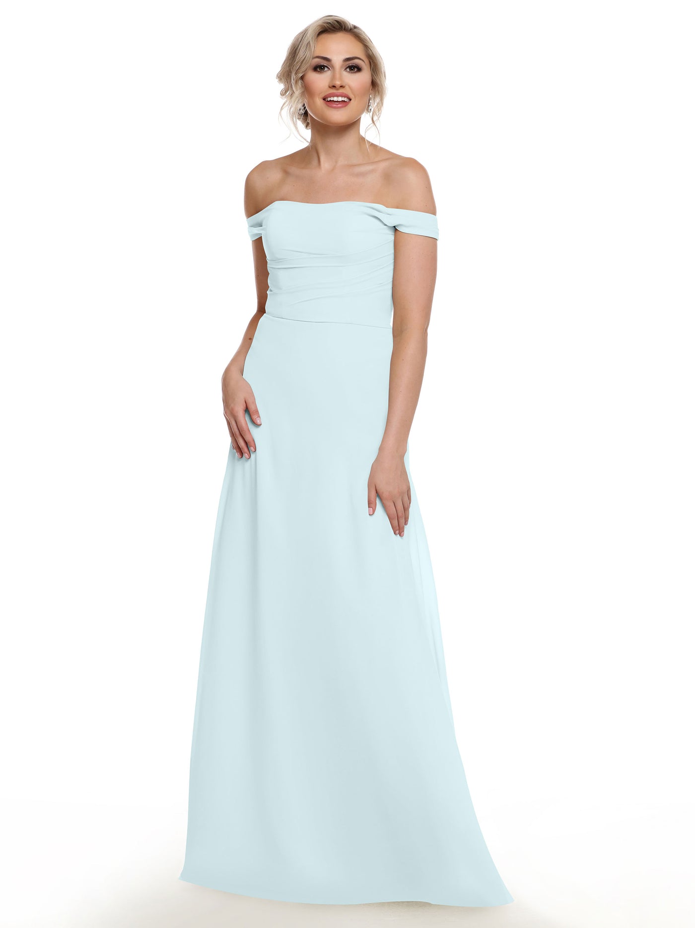80136 - Off-the-Shoulder Chiffon Bridesmaid Dress with Straight across Neckline