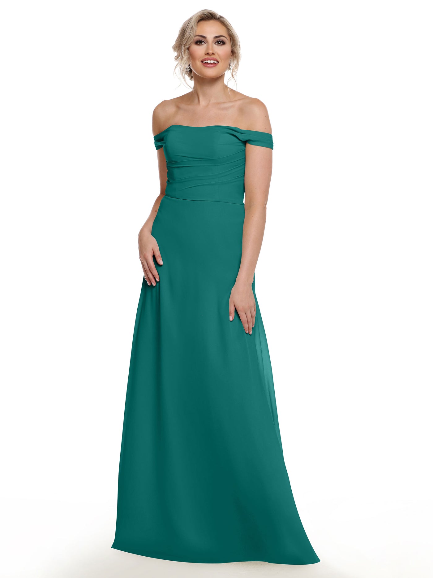 80136 - Off-the-Shoulder Chiffon Bridesmaid Dress with Straight across Neckline