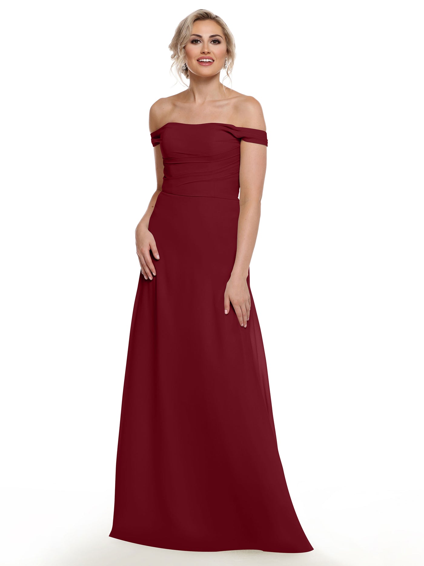 80136 - Off-the-Shoulder Chiffon Bridesmaid Dress with Straight across Neckline