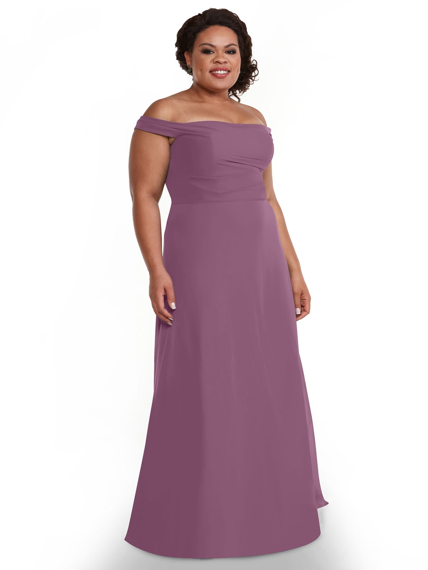 80136 - Off-the-Shoulder Chiffon Bridesmaid Dress with Straight across Neckline