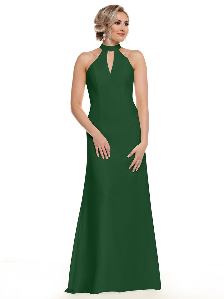 A woman models the Avery Austin 80138: a sleeveless, floor-length dark green halter dress with an open back and front keyhole neckline, standing against a plain white background.