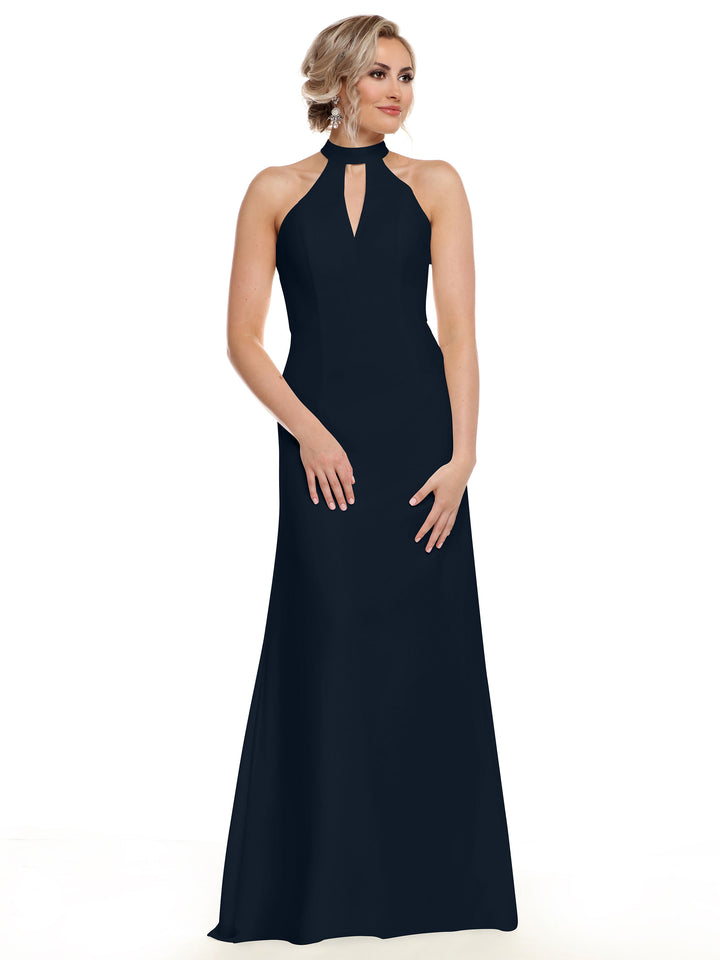 A woman models the Avery Austin 80138, a sleeveless, floor-length black gown with a halter neckline and keyhole cutout, her hair styled in an elegant updo against a plain white background.