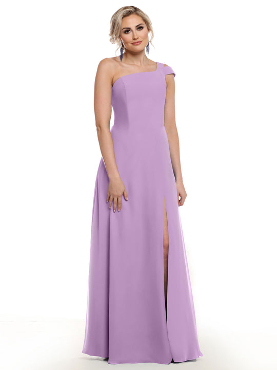 A woman showcases the Avery Austin TH-80139, a floor-length lilac one shoulder dress with a thigh-high side slit, standing against a plain white background.