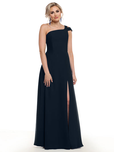 A woman poses against a white background wearing the Avery Austin 80139, a sophisticated navy one-shoulder, floor-length dress with an elegant side slit.