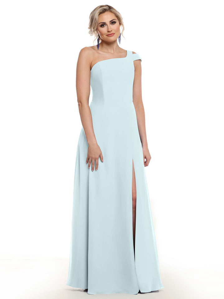 A woman models Avery Austin style 80139, a light blue, floor-length one-shoulder dress with an asymmetrical neckline and thigh-high slit, against a plain white background.