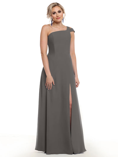 A woman models the Avery Austin 80139, a floor-length slate gray one-shoulder dress with an asymmetrical neckline and thigh-high side slit, standing against a plain white background.