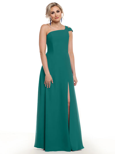 A woman in the Avery Austin 80139 teal, floor-length one shoulder dress with a high slit stands against a white background. Her light hair is styled up, exuding elegance and poise in this sophisticated gown.